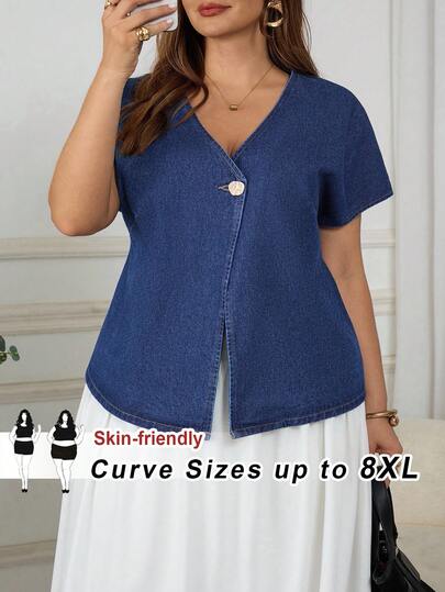 SHEIN CURVE+ 大码女式短袖单排扣休闲牛仔衬衫