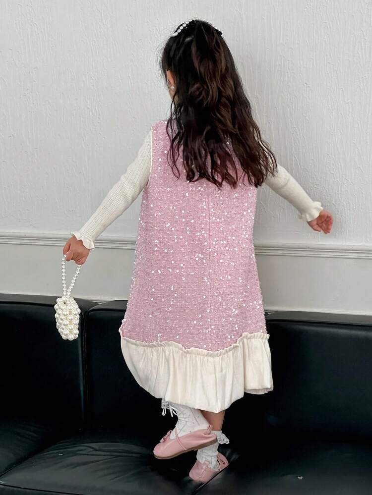 Young Girls Round Neck Sequin Bow Decor Party Birthday Mid-Length Ruffle Hem Dress