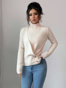 Elenzga 女式不对称修身立领长袖纽扣设计毛衣，时尚 - 杏色 - 查看 6