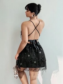 Viva Relle Plus Size Women's Sexy Glamorous Beaded & Sequin Party, Banquet, Wedding Guest Mini Dress, Spaghetti Strap Waist Cinched A-Line Short Dress - Black - View 2