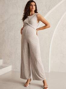 MaterniWear 孕妇纯色圆领扭纹细节无袖休闲阔腿连体裤