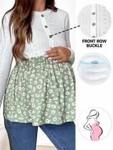 SHEIN Maternity Daisy Print Patchwork Design Button Down Long Sleeve T-Shirt For Vacation   Work/Office Maternity Top Maternity Clothes Flower Top Daisy Top Cottagecore Maternity Fall Women Clothes  Going Out Tops Women    Fall Women Clothes  Button Up Shirt Women  Graphic Women Tees - Black - View 1