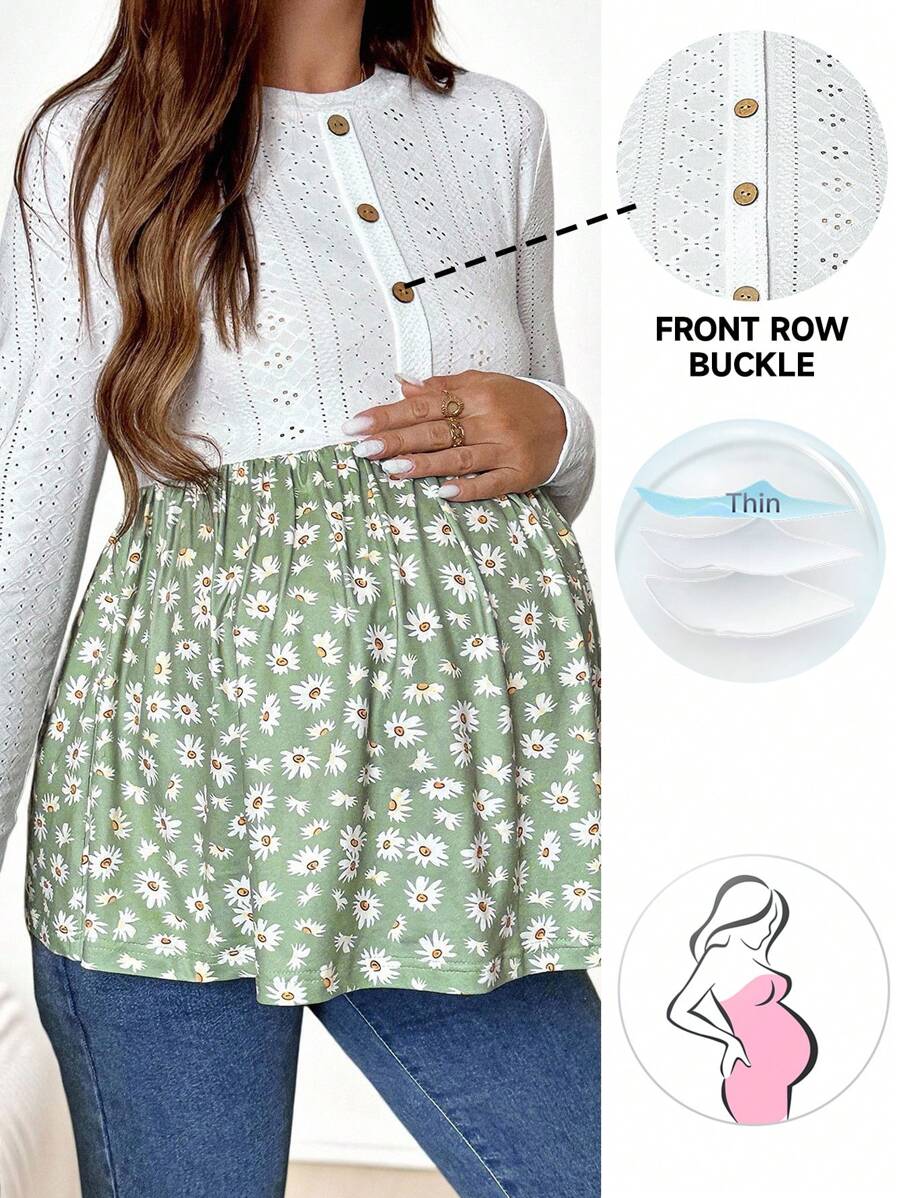 SHEIN Maternity Daisy Print Patchwork Design Button Down Long Sleeve T-Shirt For Vacation   Work/Office Maternity Top Maternity Clothes Flower Top Daisy Top Cottagecore Maternity Fall Women Clothes  Going Out Tops Women    Fall Women Clothes  Button Up Shirt Women  Graphic Women Tees - Black - View 1