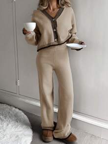 SHEIN 青少年女孩 2 件套纯色拼布前扣长袖休闲毛衣和裤子套装，简约时尚休闲日常穿着，返校装，适合秋冬季