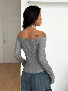 Coolane Maglietta a maniche lunghe a righe grigie e nere, senza spalle, per uso quotidiano e uscite, stile grunge, per donna