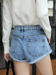 K-Vae Shorts Denim com Strass Verão Feminino, Shorts Denim Modernos de Cintura Alta Casual, Shorts Denim de Moda de Rua - Lavagem Média - Visão 2