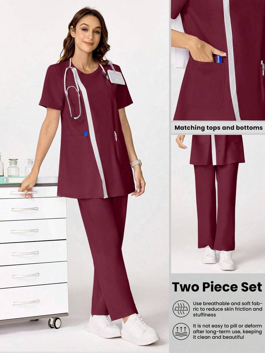 TaskEZ Lace Patchwork Casual Loose Multi-Pocket Top & High Waist Straight Leg Pants Scrub Uniform Set - Burgundy - View 1