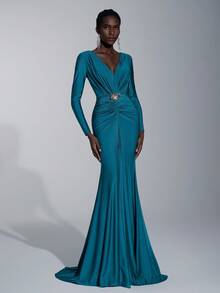 Elitara Elegant, Luxurious, Fashionable, Dignified, Dark Green, Knitted Stretchy Fabric, Long Sleeve Mermaid Hem, Trailing, Suitable For Vacation, Wedding Events, Bachelorette Party, Formal Ball Gown, Formal Dinner Dress