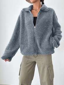 RueChic Women'S Drop Shoulder Teddy Fleece Regular Fit Jacket - Light Grey - View 3
