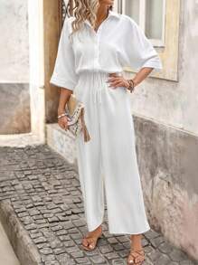 Brillora Ladies' Solid Color Simple Daily Jumpsuit - White - View 5