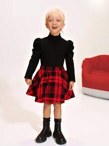 SHEIN 两件套：女童纯色立领羊腿袖上衣和碎花针织迷你裙，秋冬款 - 紅色 - 查看 2