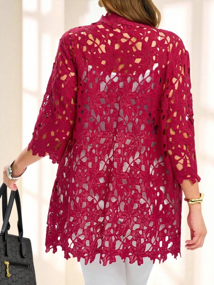 Abrigo de kimono elegante de encaje de manga 3/4 de color rojo rosa para mujer de talla grande, abrigo suelto de frente abierto, para verano, otoño, vacaciones de verano, vacaciones, simple y de moda para uso diario, vibraciones de vacaciones, primavera, uso casual, bohemio, abrigo de encaje de talla grande para invierno