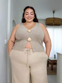 Pretty and Ole Women Plus Size Ribbed Metallic Shell Camisole Top - Camel - View 4