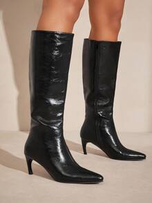 SHUZIA Y2K Women's Perfectly Pointed Toe, Vintage-Inspired Seaming & Side Zipper Premium Oil-Finished PU Black Kitten Heel Tall Boots–Elegant, Chic & Easy To Wear For Christmas - Black - View 2