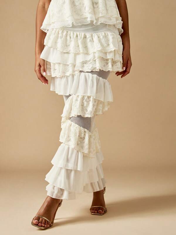 MISSGUIDED 分层荷叶边长裙网眼嵌片维多利亚风格蕾丝细节派对婚礼宾客晚会特殊场合分层设计春夏系列