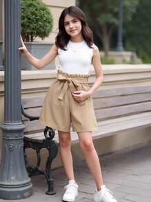 SHEIN Débardeur Col Montant Pour Fille Préadolescente Et Short Taille Haute Court Avec Ceinture