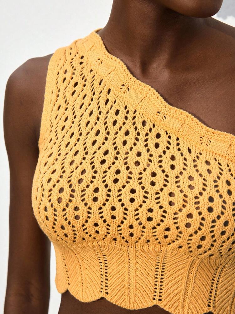 SHEIN Maija Women's Sleeveless Knit Crop Top, Minimalist Fashion Sexy Vacation Style, Solid Color, Textured Knit Fabric, Hollow-Out Design Beach For Women