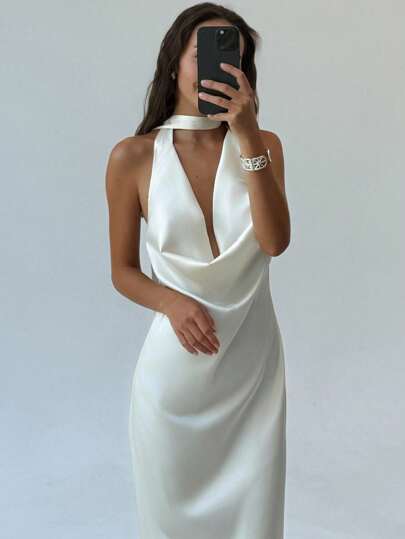 Aloruh Women's White Elegant Backless Plunging Neck Long Dress,Summer Wedding Guest Dress,Bridal Shower Civil Wedding,Prom Bridesmaid Party Outfits