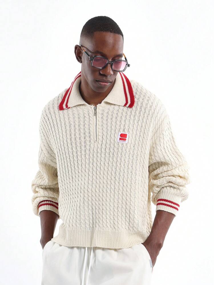 Cable Knit Quarter Zip Sweater With Striped Collar
