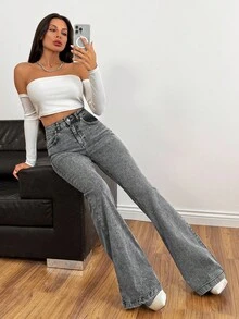 EURMUSE 98%Cotton Grey Slim Fit Flared Jeans Flare Jeans Women Wide Leg Jeans Flare Jeans Grey Flare Jeans Acid Wash Flare Jeans - Grey - View 5