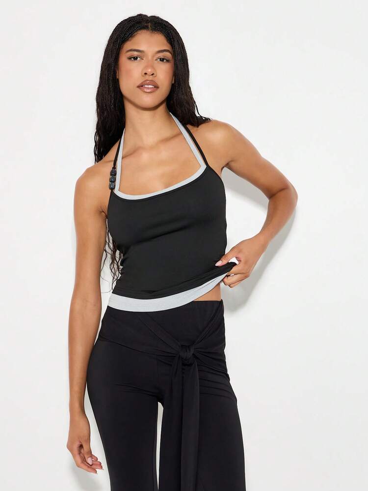 KIZN Beaded Halter Neck Tank Top With Contrast Trim