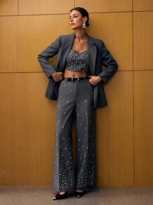 MOTF PREMIUM Pantalones de traje de pierna ancha con detalle de strass en la costura delantera, sin cinturón - Gris Oscuro - Ver 2