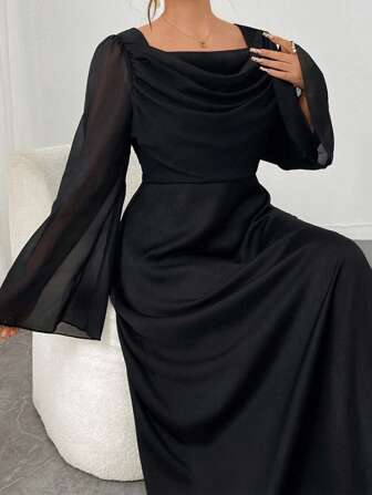 Modelyn Plus Size Patchwork Waist Cinched Long Sleeve A-Line Dress Fall Cloth For Women