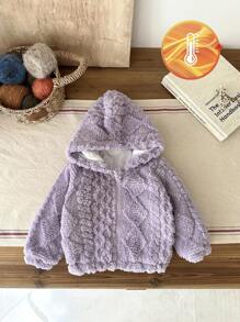 SHEIN Chaqueta casual holgada con capucha forrada térmicamente, de jacquard reversible, para niña bebé, color morado - Morado - Ver 1