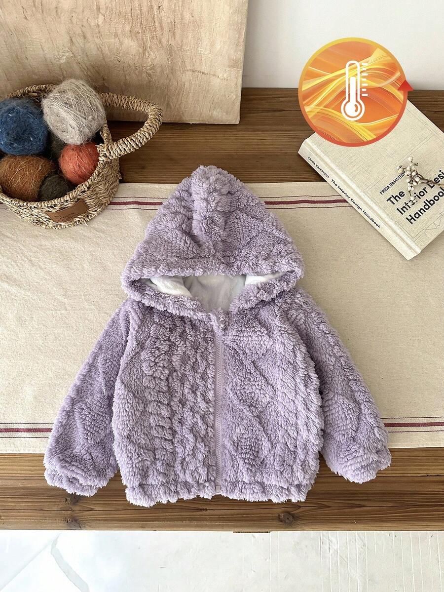 SHEIN Chaqueta casual holgada con capucha forrada térmicamente, de jacquard reversible, para niña bebé, color morado - Morado - Ver 1