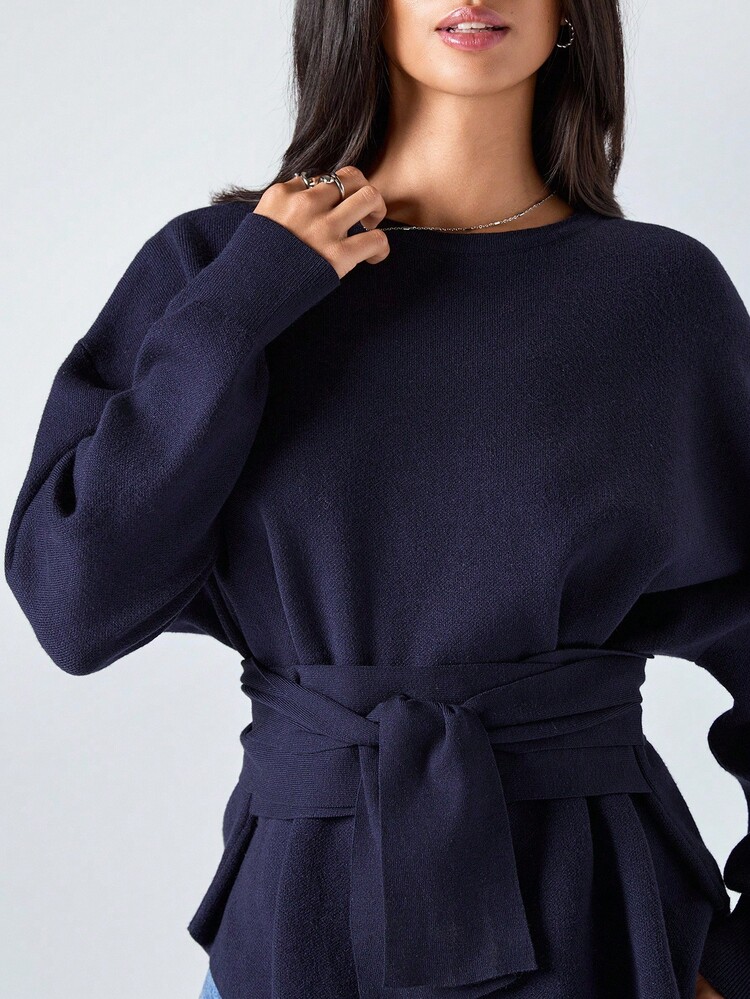 LYSMO 女士纯色圆领落肩长袖腰系带休闲毛衣 - 黑色 - 查看 7