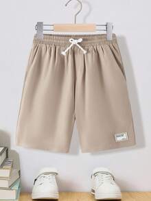 SHEIN Quần short cạp chun thoải mái, dễ mặc, có thể điều chỉnh độ rộng cho bé trai tuổi teen - Màu Khaki - Xem 1