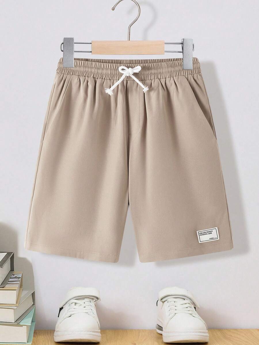 SHEIN Quần short cạp chun thoải mái, dễ mặc, có thể điều chỉnh độ rộng cho bé trai tuổi teen - Màu Khaki - Xem 1
