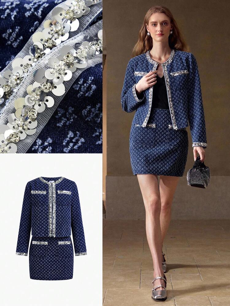 CONTRAST SEQUIN POCKET TOP & SKIRT DENIM OUTFIT