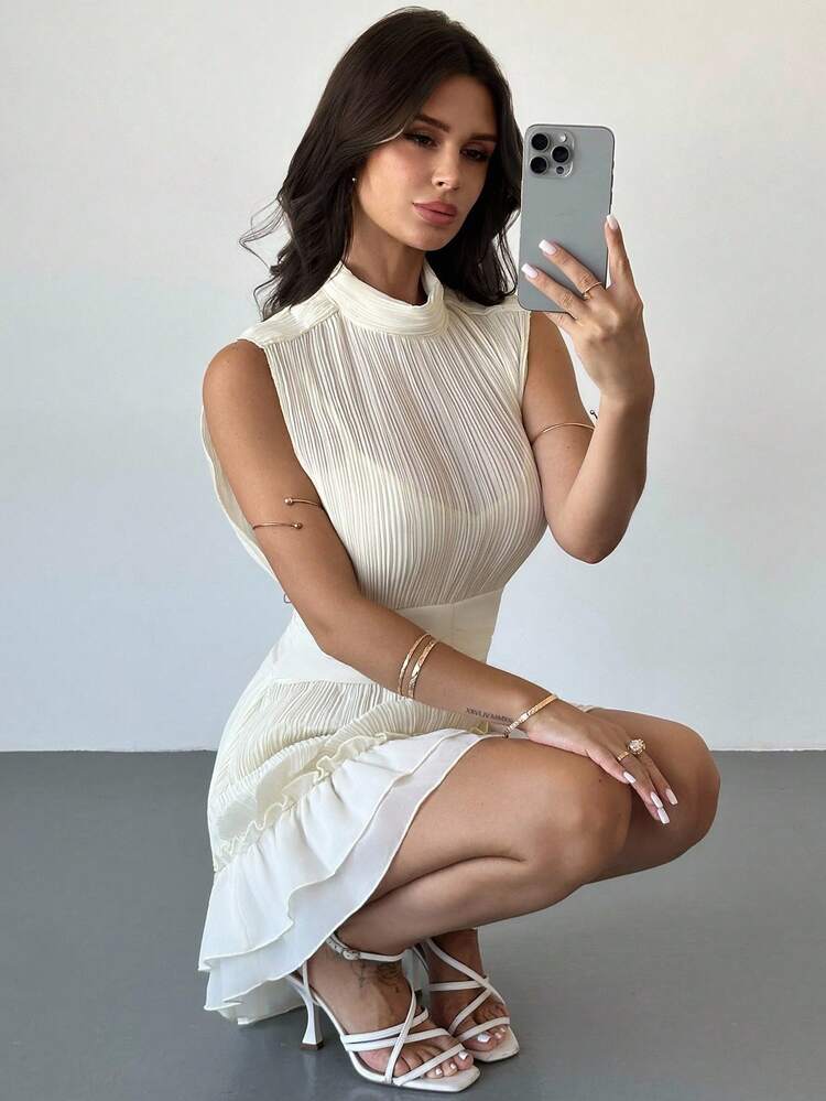 Firerie Vestido de gasa ligero con volantes en el bajo, elegante y casual en color albaricoque/Falda con volantes/Vestidos de otoño para mujer/Vestido de graduación/Vestido de maestra/Vestidos de iglesia para mujer/Atuendos para citas nocturnas/Citas románticas/Falda con textura de rayas de palillo de dientes - Albaricoque - Añade 1