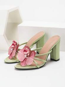 CUCCOO SZL Giày cao gót đế thô họa tiết hoa lan hồng nhạt thời trang nữ - xanh quân đội - Xem 6