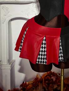 Amplova Bộ 2 trang phục chú hề Halloween với áo crop top chắp vá màu tương phản và chân váy mini xếp ly rộng - Đỏ - Xem 6