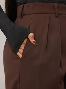 Radiana Plus Size Women's Minimalist Fashion Dark Coffee Plus Size Wide Leg Pants, Commuter Trousers Brown Wide Leg Pants For Women High Waisted Wide Leg Pants Brown Suit Pants In Fall/Winter,Spring To Summer, - Coffee Brown - View 3