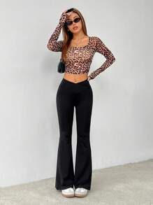 SHEIN PETITE Simple Solid Color Wrap High Waist Flared Pants - Black - View 4