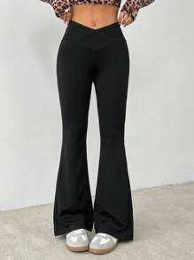 SHEIN PETITE Simple Solid Color Wrap High Waist Flared Pants - Black - View 5