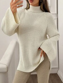 SHEIN Tall Áo len cổ lọ dáng rộng, dáng dài thoải mái, dáng rộng, dáng thu đông, chất liệu trơn, thoải mái, dáng rộng cho nữ - Màu be - Xem 7