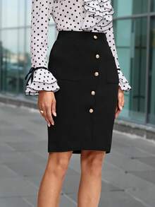 SHEIN Clasi Falda de mujer con botones delanteros y detalles de metal - Negro - Ver 6