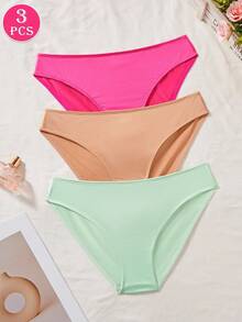 SHEIN 3 件女士简约纯色闪亮光滑三角裤性感低腰透气弹力内衣内裤套装女士比基尼内裤比基尼内衣女士缎面内裤女士内衣套装