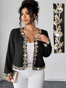 Elenzga Women Plus Size Black Jacket Blazer,Gold Lace Trim,Elegant Formal Evening,Autumn Long Sleeve Round Neck,Work Business Casual Party Fashion Events - Black - View 6