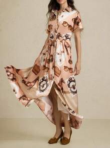 Briarwyn Women's Fashion Commuter Western Style Satin Printed Button Front Long Dress,Fall Dresses,Button Up Shirt Dress Women Old Money Style Women Elegant Dresses For Women