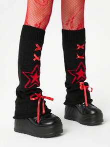 ROMWE Grunge Punk 1 par de calcetines de red de estilo punk con patrón de tornado rojo + 1 par de ligas para la pierna con patrón de estrella Y2K, adecuados para uso diario, fiesta de baile, combinación de calcetines de ajuste ceñido - Multicolor - Ver 3