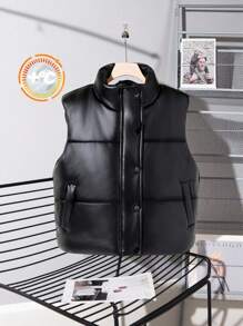 Chaleco de piel sintética negra minimalista y grueso para niñas, adecuado para el hogar, el exterior y la escuela, otoño/invierno