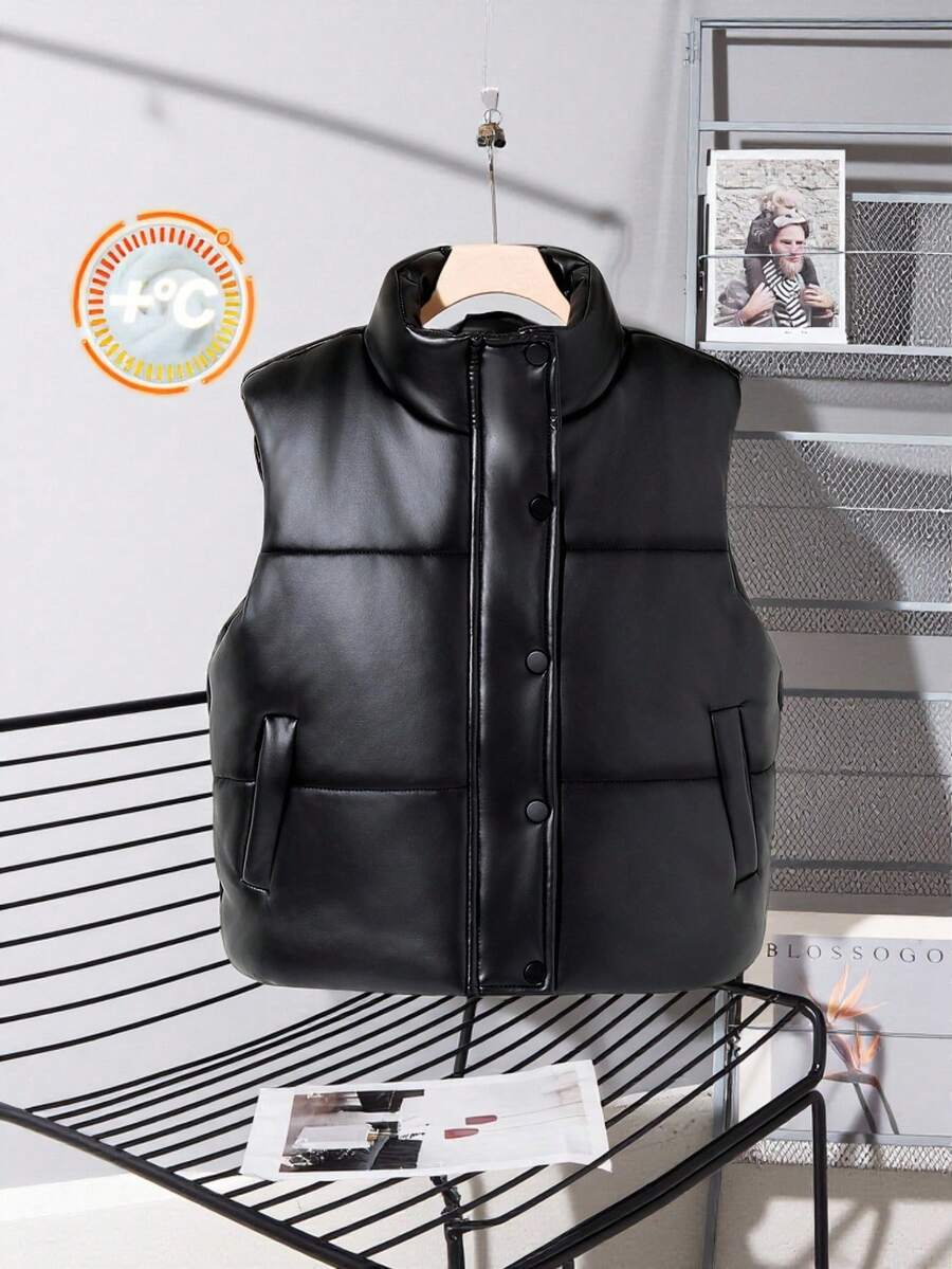 Chaleco de piel sintética negra minimalista y grueso para niñas, adecuado para el hogar, el exterior y la escuela, otoño/invierno