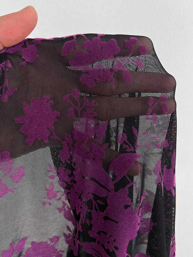 Viva Relle 大码女式花卉印花植绒 V 领喇叭袖荷叶边下摆迷你连衣裙，适合秋季、冬季、机场旅行、派对、正式、性感、露背、复活节、浪漫 - 彩色 - 查看 9