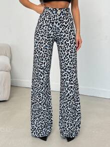 SHEIN Tall 100% 纯棉中腰宽腿豹纹高腰牛仔裤 - 彩色 - 查看 4