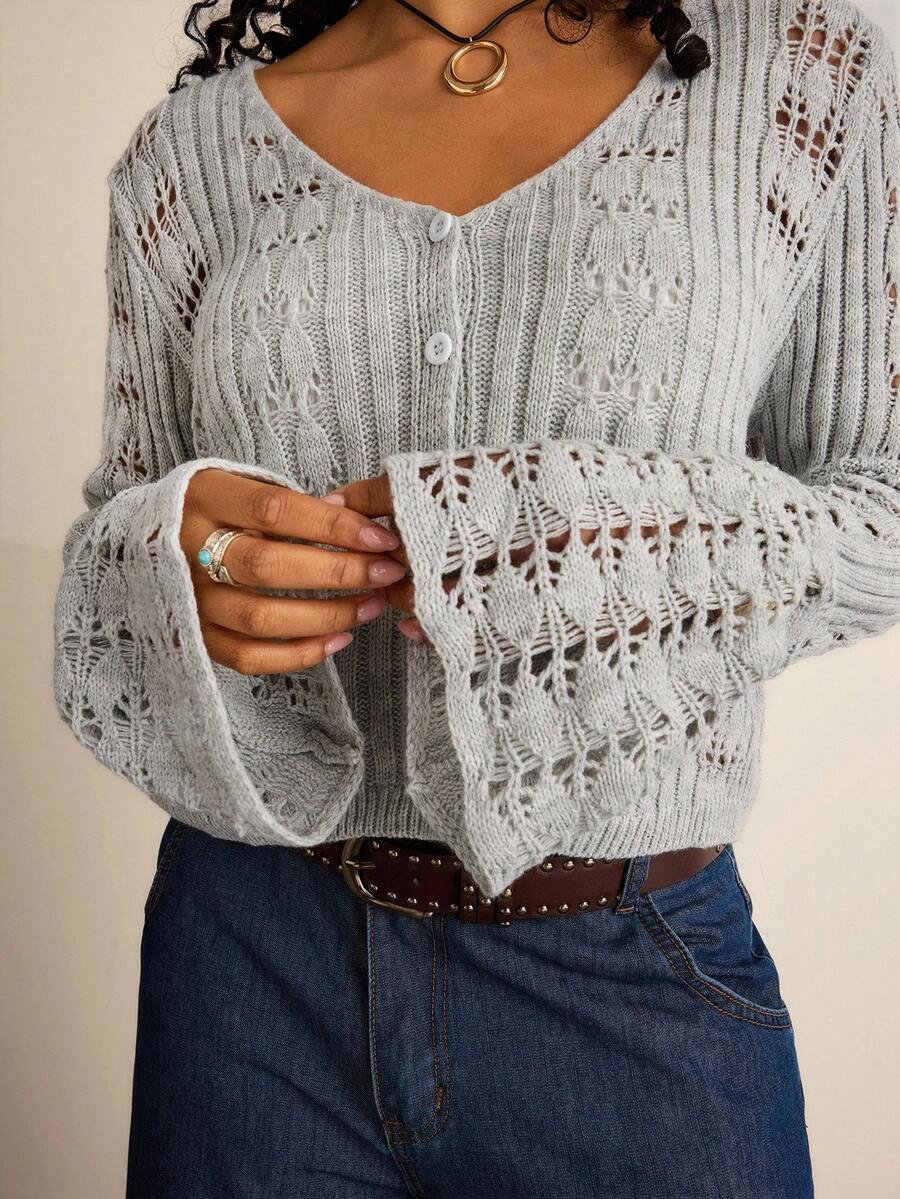 SHEIN VCAY Suéter holgado de manga larga con botones de moda casual y talla grande para mujeres - Gris - Ver 1